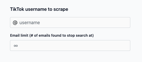 The TokScraper scrape form: enter the TikTok username to scrape and an optional email limit